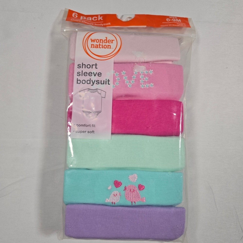 Wonder Nation Baby Girl 6 Pack Short Sleeve Bodysuit Set Pink Purple Blue 6-9M